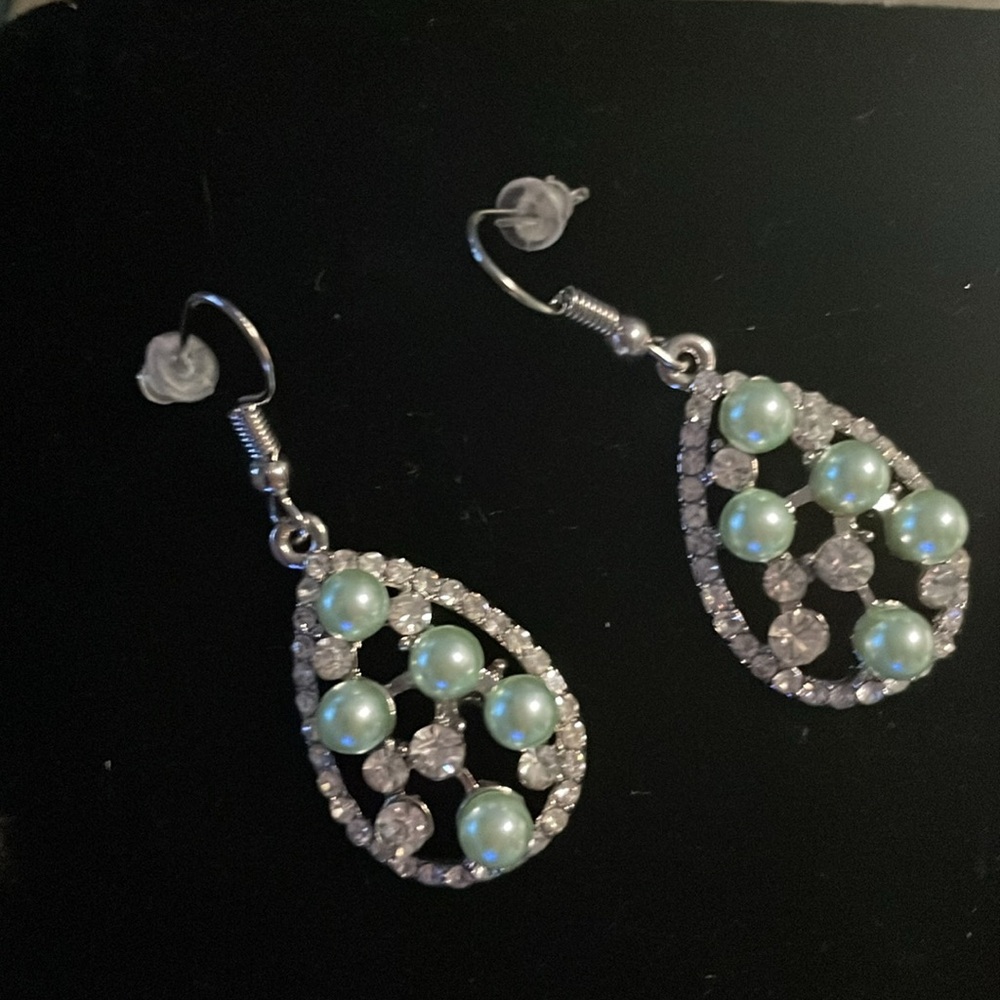 Elegant Silver, Rhinestones and Aqua Pearl Drop Earrings